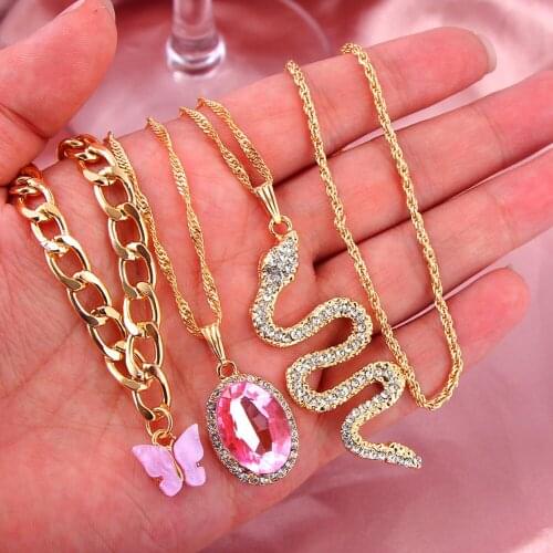 Flatfoosie Trendy New Crystal Snake Pendant Necklace for Women Cuba Butterfly Choker Multilayer Twist Rope Necklace Jewelry Gift