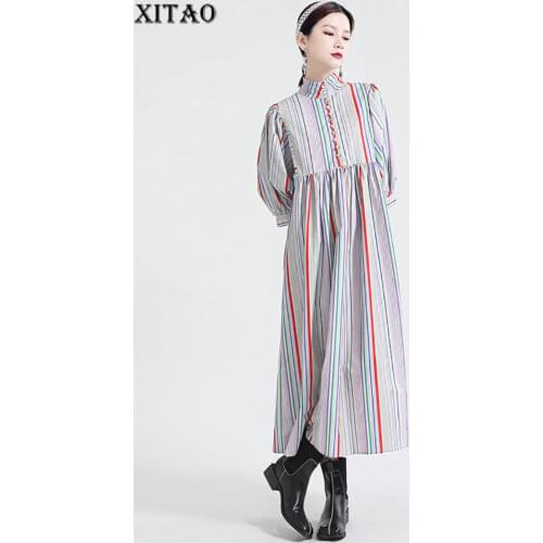 XITAO Vintage Hot Color Patchwork Striped Dress Women Clothes 2021 Spring New Stand Collar Three Quarter Sleeve Dress GCC4435