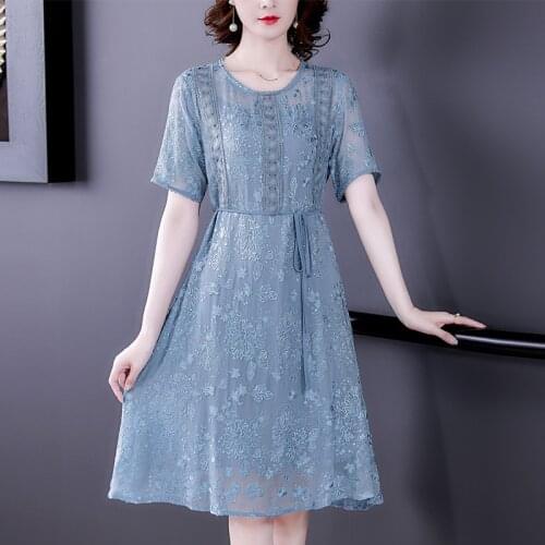 Summer Mulberry Silk Floral Embroidery Midi Dress 2021 Elegant Bodycon Party Vestidos Spring Women Vintage Casual Beach Dresses