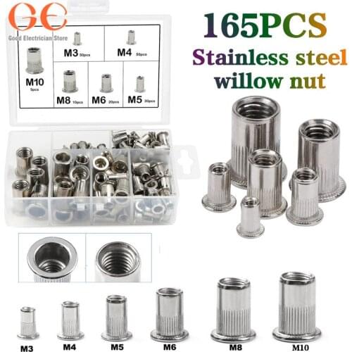 165PCS Rivet Nuts M3-M10 Stainless Steel Flat Head Insert Rivnut Insert Threaded Nut Nutsert Screw Rivnut Set for Hardware