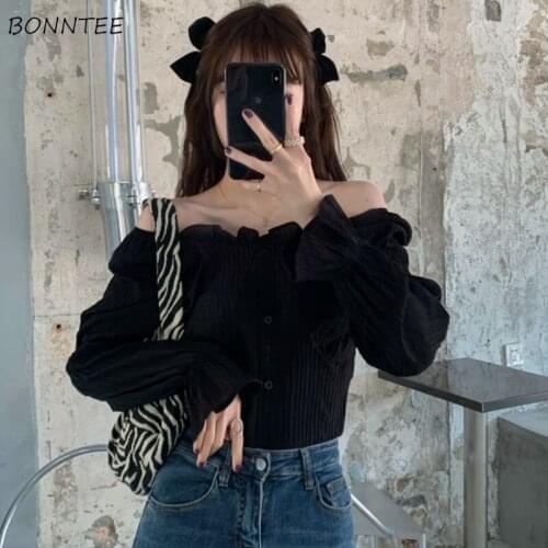 Blouses Women Slim Button Fashion Spring Mujer Simple Slash-neck Solid Casual Harajuku Students Retro Sexy Breathable Streetwear