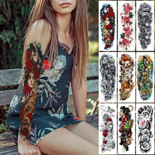 Large Arm Sleeve Tattoo Catrina Skull Girl Waterproof Temporary Tattoo Sticker Red Rose Lotus Full Flower Tatoo Body Art Women