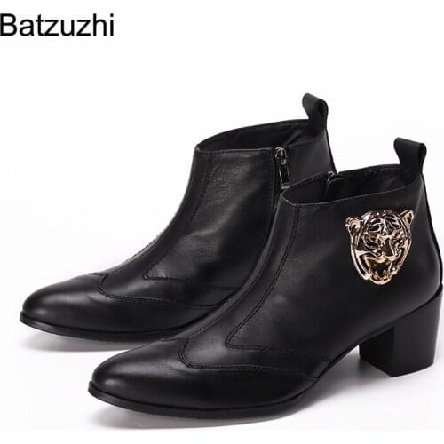 Batzuzhi Korean Style Men Boots Pointed Toe Black Genuine Leather Ankle Boots Men Zip Leather Ankle Botas Hombre, Big Size 38-46