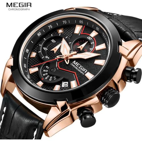 MEGIR Top Brand Quartz Watches for Men Leather Army Sport Chronograph Wristwatch Waterproof Relogios Masculino Clock 2065 Rose