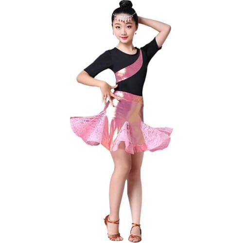 Summer Child Latin Dance Costume For Girls Ballroom Salsa Tango Skirts Long Sleeve Tops Lace Mesh Skirt Latin Dance Split Dress