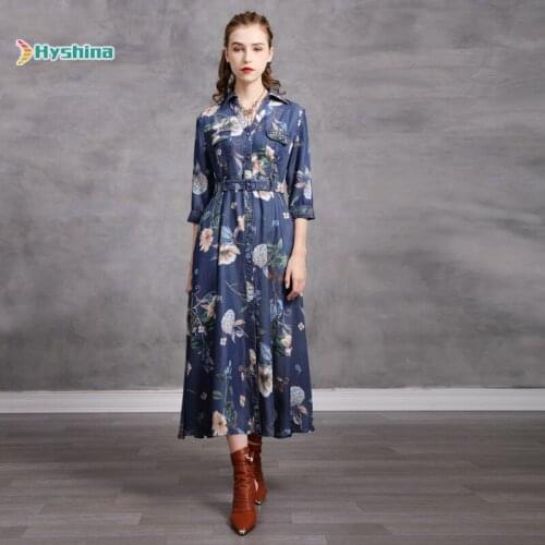 Designer womens dress 2020 summer new Tencel printed long skirt retro denim dress a82265