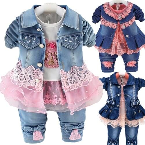 Spring Autumn Baby Girl Clothes baby girl Denim Clothing Sets 3 pcs Long Sleeve T Shirt Dress Tops Bebe Denim Jacket and Jeans