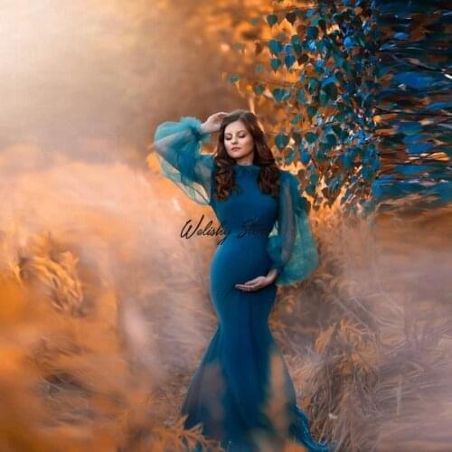 Elegant Mermaid Long Maternity Gowns 2021 See Thru Puffy Tulle Sleeves Ruffled Pregnant Women Party Dresses Spring and Autumn
