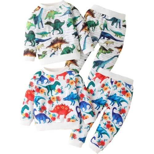 Dinosaur Print Clothing Sets Long Sleeve Tops Trousers Outfits Costumes For Boys Autumn Two-Piece Girl Cotton Clothes Suit