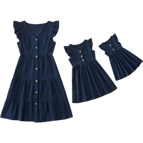 Summer Parent-Child Dress Cotton Ruffle Short-Sleeve Plicated Strap Skirt for Mom Daughter Baby Girl Sister Dark Blue