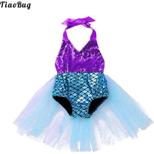 TiaoBug Summer Baby Girls One-Piece Halter Scales Printed Sequined Swimsuit Swimwear Bathing Suit Bodysuit With Mesh Skirt