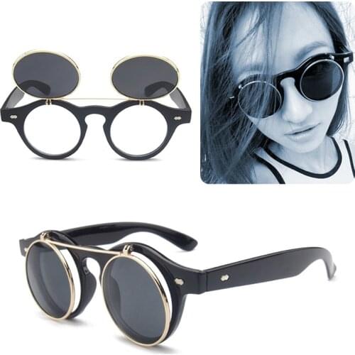 Fashion Steampunk Goth Goggles Glasses Retro Flip Up Round Sunglasses Vintage -OPK
