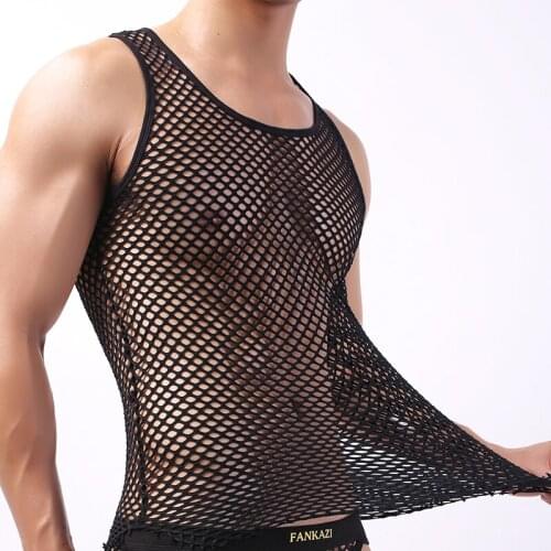 Men Tank Tops Sexy Striped Mesh Breathable Top Tee Transparent Undershirts Bodystocking Gym Fitness Casual Tops Men Underwear
