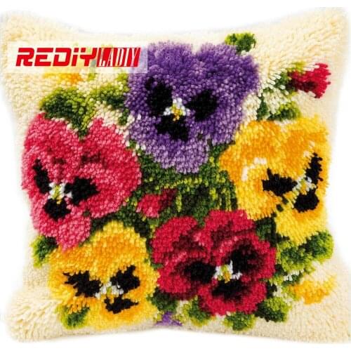 Latch Hook Cushion Kits Gift DIY Needlework Crocheting Throw Pillow Unfinished Yarn Embroidery Set Pillowcase VIOLETS FLOWERS