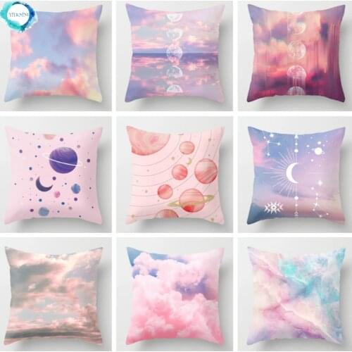 Planet Forest Pink Sky Clouds Decorative Cushion Cover Polyester Pillowcase for Sofa Couch Bedroom Home Decor 45X45cm