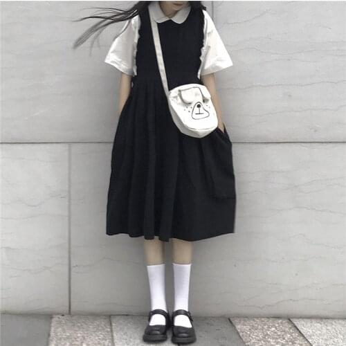 2020New Womens Korean-Style Doll Collar Shirt + Vintage Black Midi Vest Dress Summer japanese fashion school girl uniform