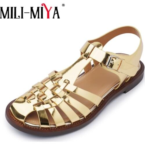 MILI-MIYA Summer Fashion Woman Cross Weave Gladiator Flat Sandals Casual Round Baotou Buckle Strap Comfortable Shoes Black Gold