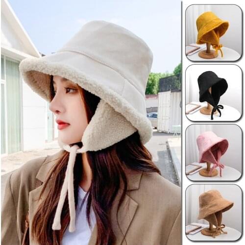 Women Fisherman Hat 2021 Hot Winter Warmer Stylish Lambswool Faux Fur Bucket Hat With Ear Protection Cute Solid Color Basin Hat