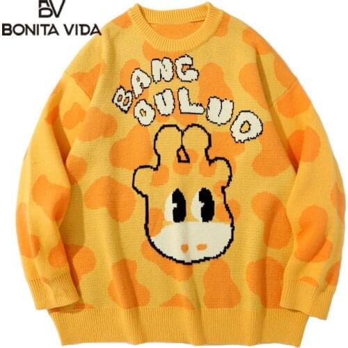 Bonita Vida Harajuku Sweaters Cartoon Giraffe Knitted Streetwear Jumpers Hip Hop Casual Pullover Sweater Mens Fashion Loose Tops