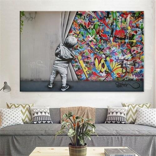 Street Art Pull the Curtain Graffiti Poster Wall Art Canvas Nursery Graffiti Painting Nordic Kid Baby Room Decoration Picture