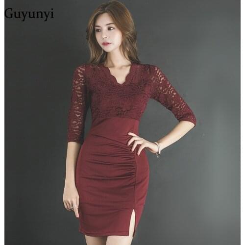 Wine Red Sexy Club Dress 2020 Summer High Waist Slim Simple Folds Stitching Lace Back Perspective Elegant Party Women Dress