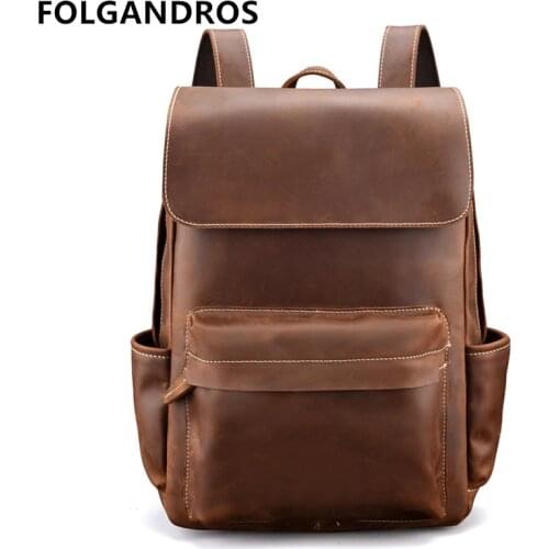 Mens Vintage Crazy Horse Leather Backpack Genuine Leather Handmade Rucksack Cowhide Daypack 14" Laptop BagsTravel Bag for Male