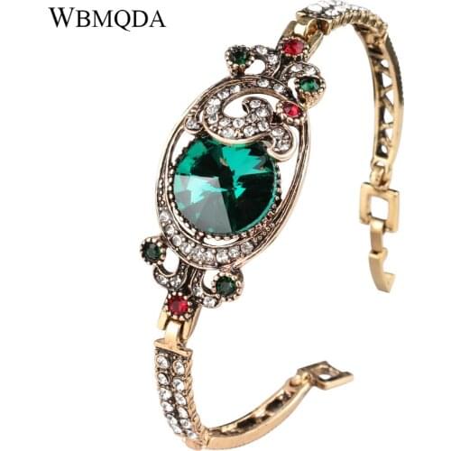 Wbmqda Luxury Vintage Green Satellite Stone Bangles Antique Gold Color Crystal Turkish Bracelets For Women Bijoux Femme Gifts