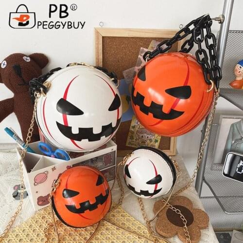 Halloween Theme Women Funny Devil Printing Round Chain Shoulder Crossbody Bag Fashion PU Leather Ball Shape Mini Zipper Handbags