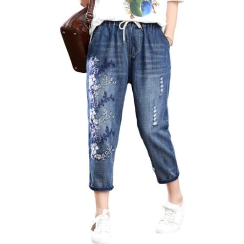 2021 Summer Fashion Ladies Floral Jeans Embroidery Denim Trousers Female Ripped Elastic Harem Pants Jeans Taille Haute Femme New