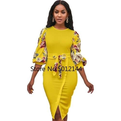 Women Elegant Bodycon Dresses O Neck Three Quater Sleeves High Waist Office Ladies Work Wear Package Hip African Fashion Autumn