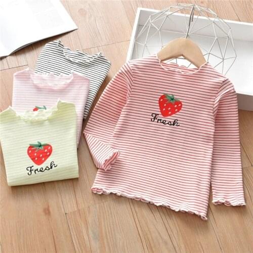 Long Sleeve Bottoming Shirt Girls Striped Strawberry Tops ChildrenS Spring Autumn Clothes Elastic Printed Blouses Kids Clothin