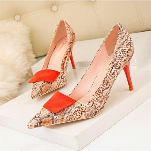 2021 Spring Sexy Stitching Snake Pattern Women Shoes Shallow Female High Heels Shoes Pointed Dress Nightclub Single Shoes Woman