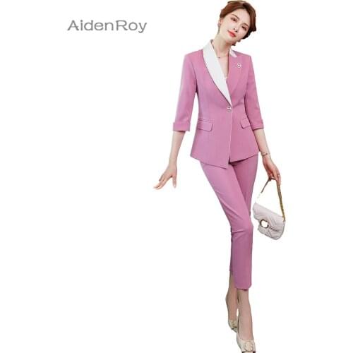 2021SS Elegant Pants Suit Women Business Pink Green Black Half Sleeve Blazer + Pants Office Ladies Plus Size S-4XL Work Wear