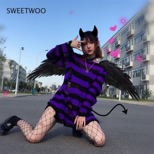 Punk Gothic Long Unisex Sweater 2021 Women Striped Cool Hollow Out Hole Broken Jumper Loose Rock Thin Dark Streetwear Top