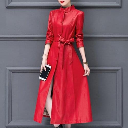 Plus size 4XL!autumn winter thick pu leather x-long trench coat women stand collar slim single breasted leather coat