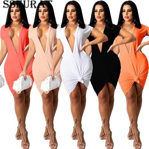 SSEURAT Womens Sexy Dress Solid Color Dark V-Neck Short Sleeved Nightclub Party Dress 2021 Summer Wear New
