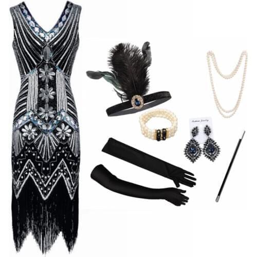 XS-4XL Vintage 1920s Flapper Great Gatsby Dress Spring Summer Fancy Costumes V-Neck Sleeveless Sequin Fringe Party Dresses