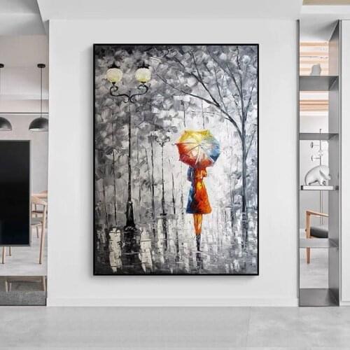 100% Hand-painted High Quality Contemporary Wall Art Picture Figure In The Rain Painting Textured Knife Acrylic Oil Painting