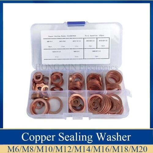 120pcs Copper Brass Gaskets Assortment Flat Washers Sealing Ring Set with Box