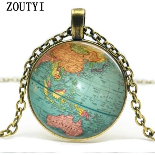 2018/ hot sale, vintage earth world map art chain silver color steampunk necklace jewelry