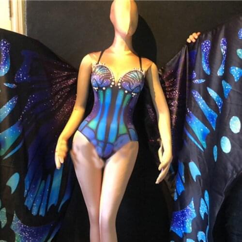 Festival Clothing Fairy Monarch Butterfly Wings Rave Accessories Rhinestone Bodysuit Women Stage Party Nightclub Cosplay XS2524