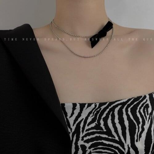 Black bow trend niche design womens double-layered collarbone chain light luxury diamond set necklace