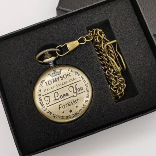 Retro Bronze Fashion TO MY SON Steampunk Quartz Pocket Watch Stainless Steel Pocket Watches Chain Gifts Box for Men Women friend
