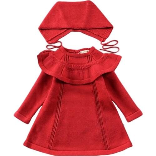 Girls Autumn Winter Dress Kids Knitted Cotton Dresses Three Quarter Sleeve Red White Frocks With Hat For 12M-5 Years GD35