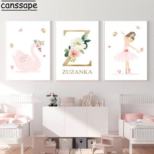 Nordic Canvas Poster Swan Prints Ballet Girl Painting Custom Name Wall Art Print Nursery Wall Pictures Baby Girl Room Decor