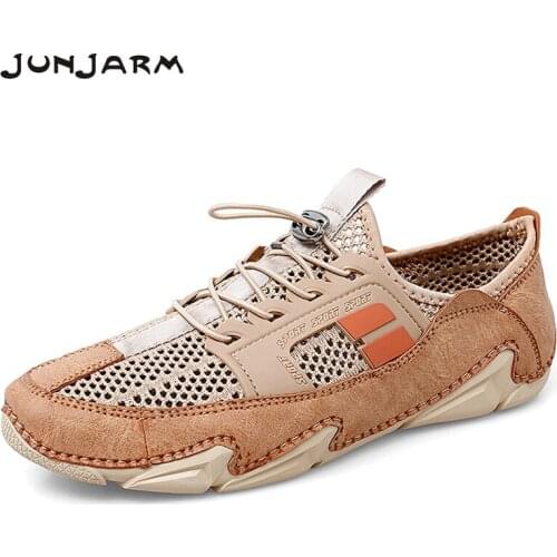 JUNJARM Summer Loafers Breathable Mesh Casual Shoes High Quality Genuine Leather Sneakers Outdoor Light Driving Shoes Size38-46
