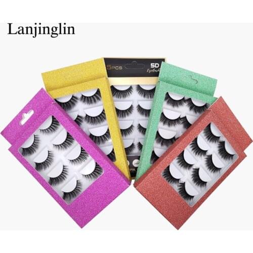 LANJINGLING 5 Pairs False Eyelashes Colorful Packaging Natural Long Soft 3D Mink Lashes Makeup Set Extension Fake Lashes Tool