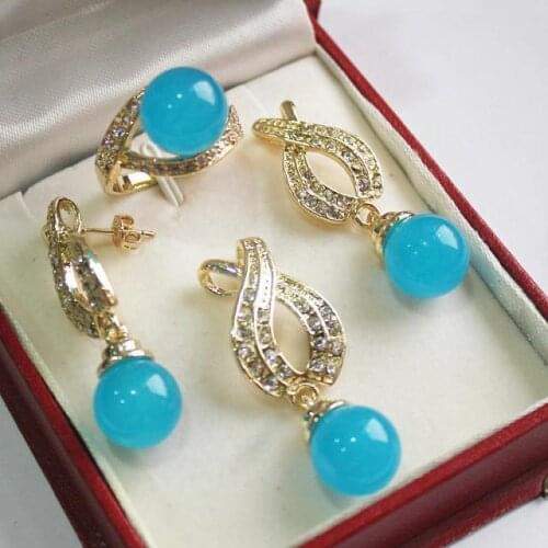 Hot! beautiful new jewelry FINE + 12mm blue jades pendant, earring, , ring set