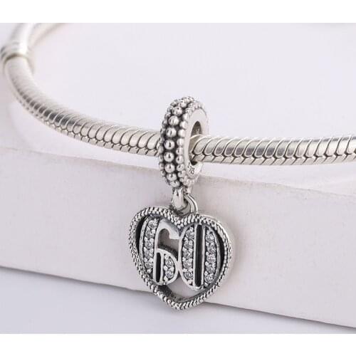 Fashion Jewelry Pendant 925 Sterling White zirconia Silver Bead 60TH Dangle Charms Bracelet Pendant Fit Original Pandora