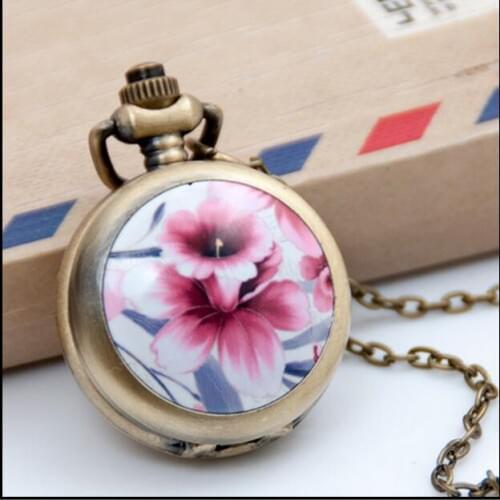 Wholesale buyer price good quality silver enamel Flowers pocket watch chain necklace antibrittle hour clock gift watch